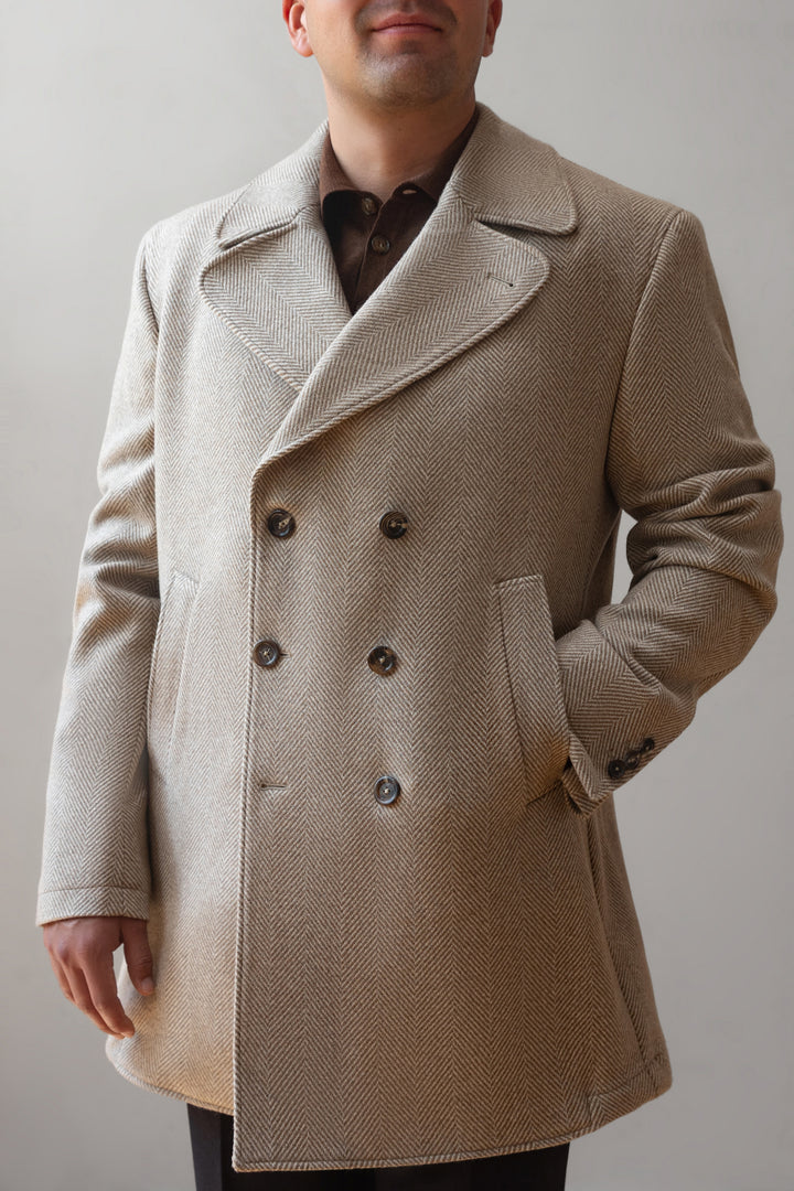 Tan Herringbone Double Breasted Peacoat
