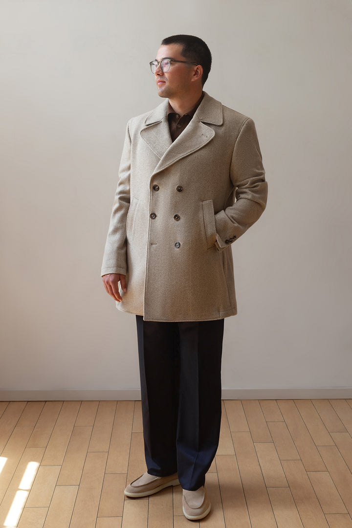 Tan Herringbone Double Breasted Peacoat