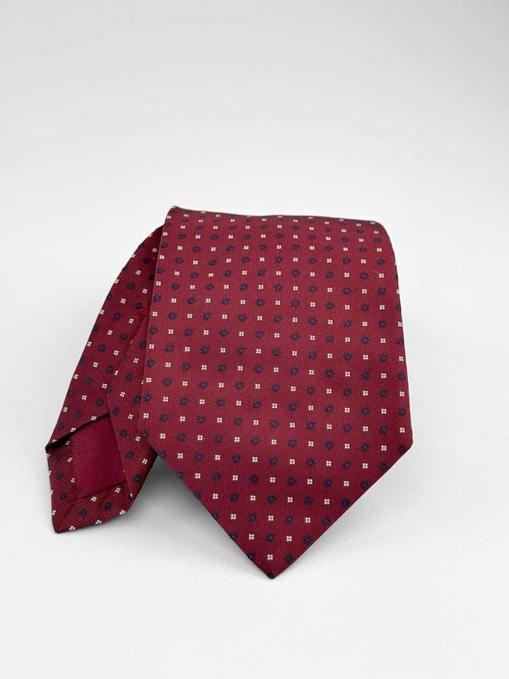 Silk Micro Floral Print Tie - Wine Red & Navy Blue