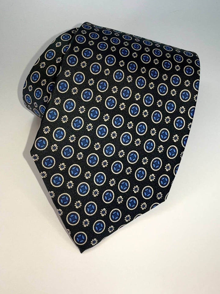 Silk Medallion Floral Tie - Black & Blue