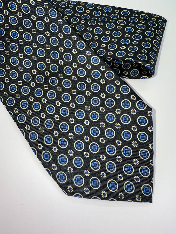 Silk Medallion Floral Tie - Black & Blue