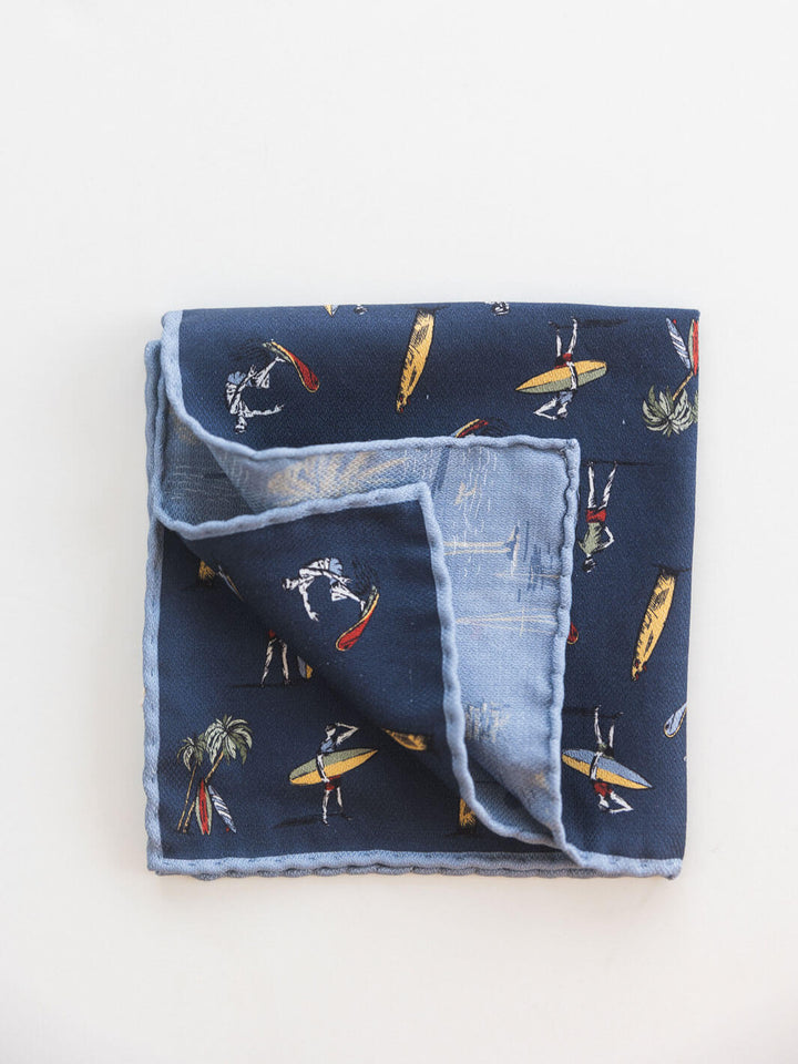 Silk Surf Motif Pocket Square - Dark Blue