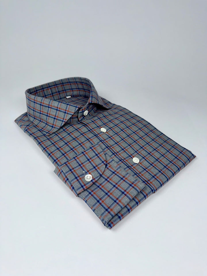 Grey Linen Plaid Shirt - Blue & Orange