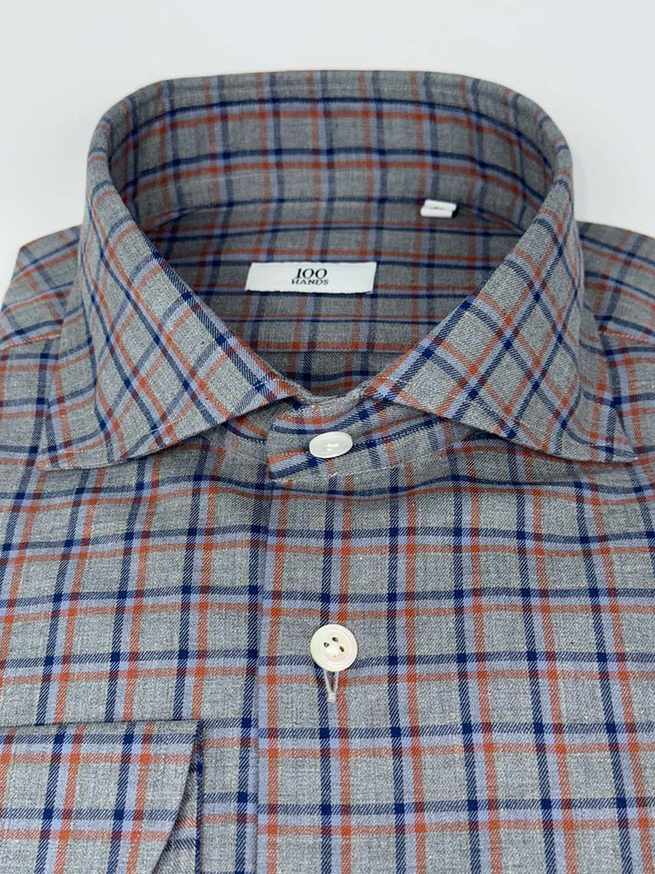 Grey Linen Plaid Shirt - Blue & Orange
