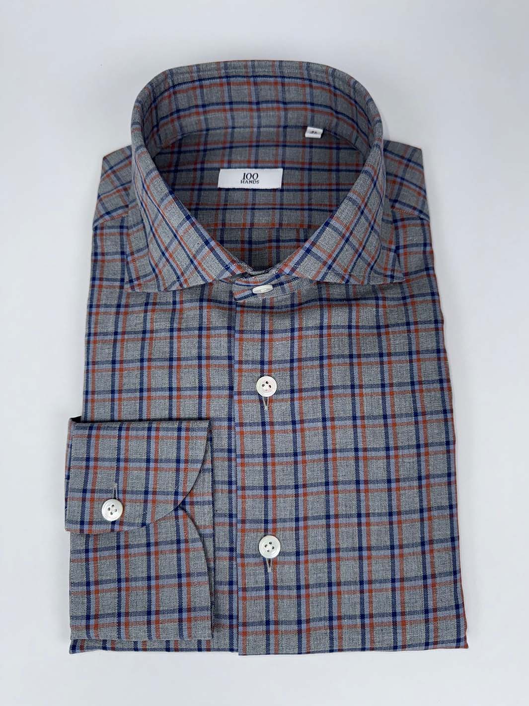 Grey Linen Plaid Shirt - Blue & Orange
