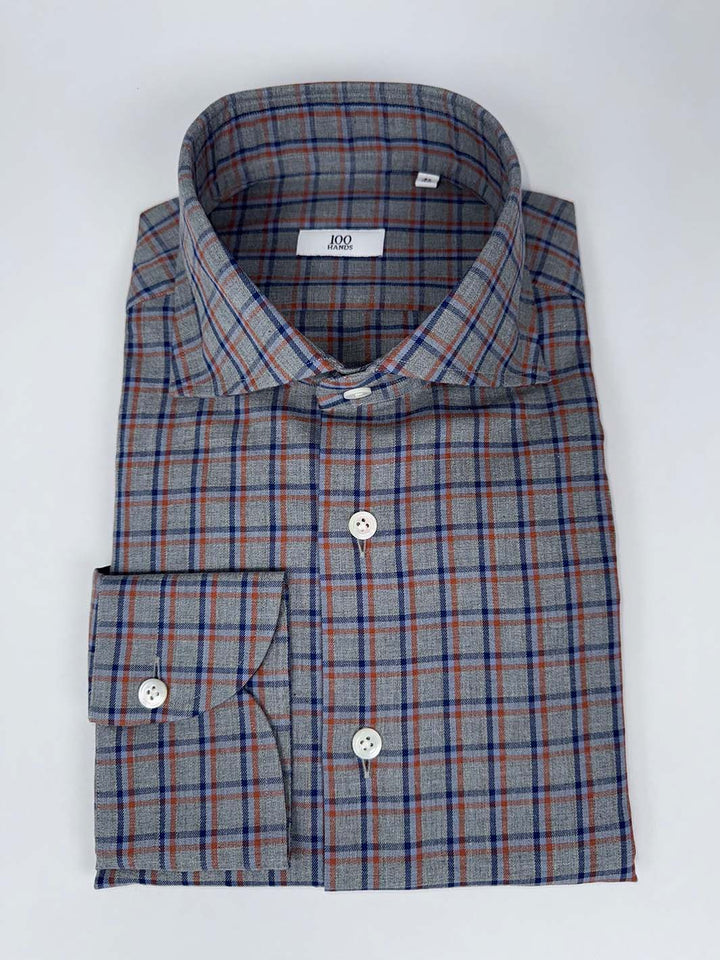 Grey Linen Plaid Shirt - Blue & Orange
