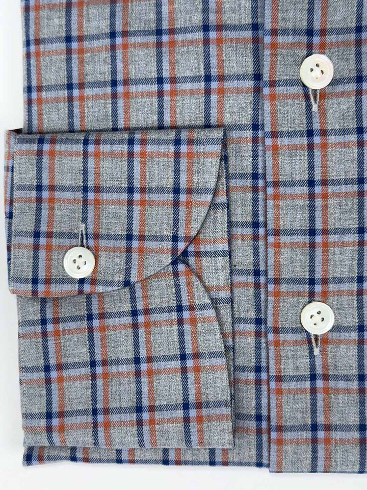 Grey Linen Plaid Shirt - Blue & Orange
