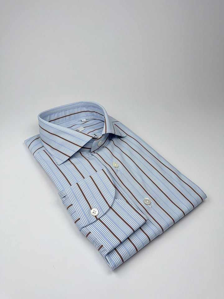 Multi-Stripe Cotton Shirt - Light Blue & Brown
