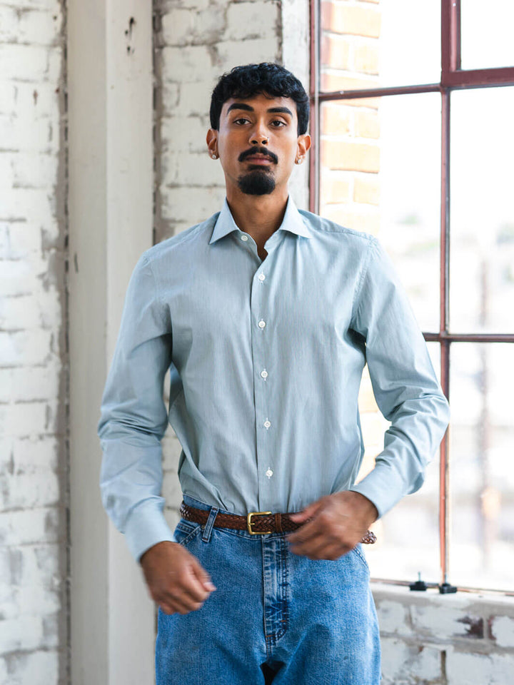 Micro-Stripe Cotton Dress Shirt - Green