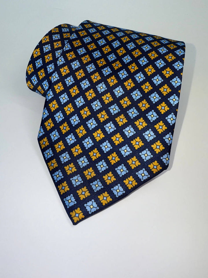 Silk Diamond Floral Tie - Navy, Sky & Gold