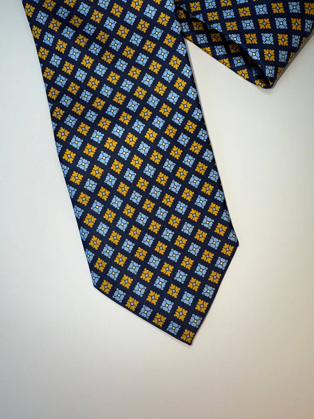 Silk Diamond Floral Tie - Navy, Sky & Gold