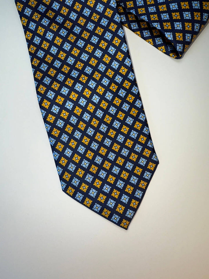 Silk Diamond Floral Tie - Navy, Sky & Gold