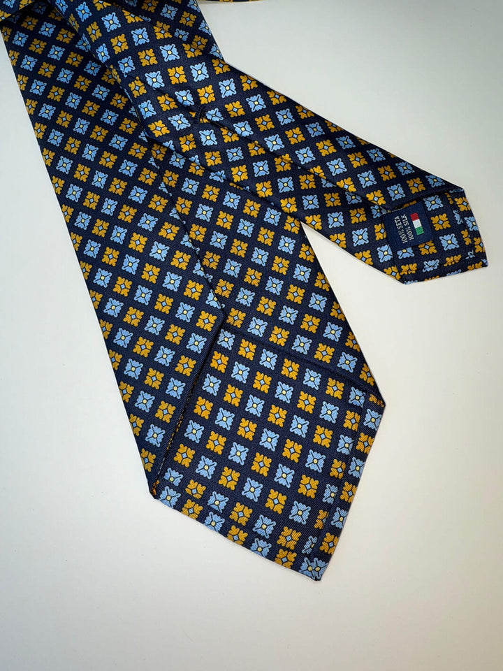 Silk Diamond Floral Tie - Navy, Sky & Gold