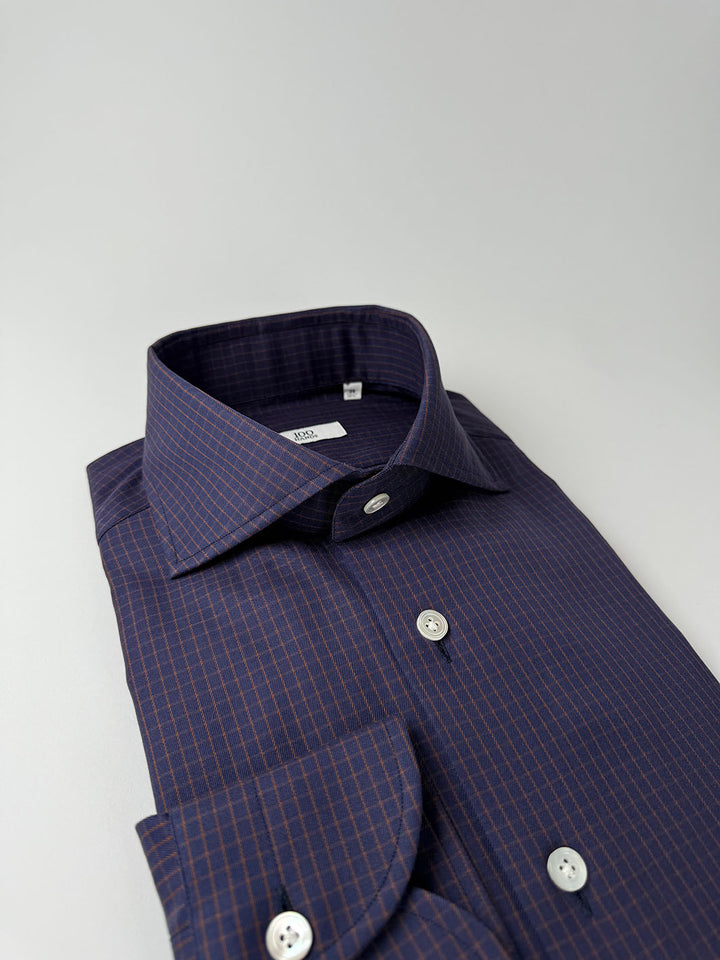 Micro-Check Cotton Dress Shirt - Navy & Orange