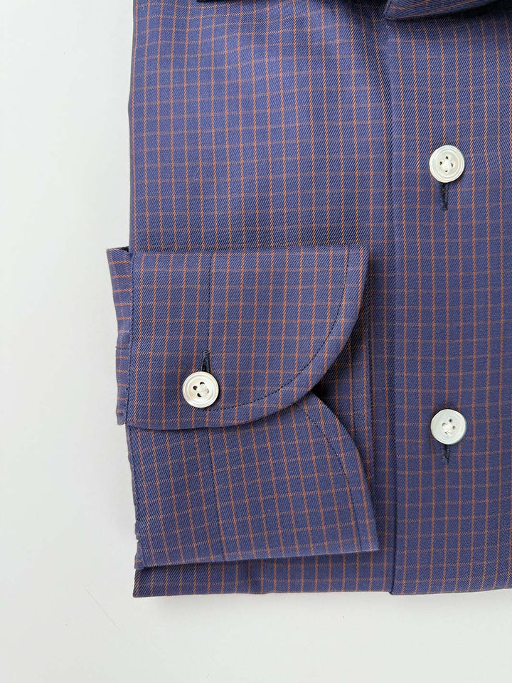 Micro-Check Cotton Dress Shirt - Navy & Orange