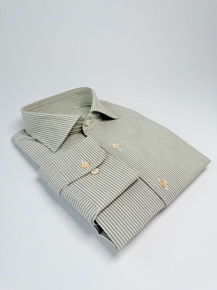 Bold Stripe Cotton Dress Shirt - Olive