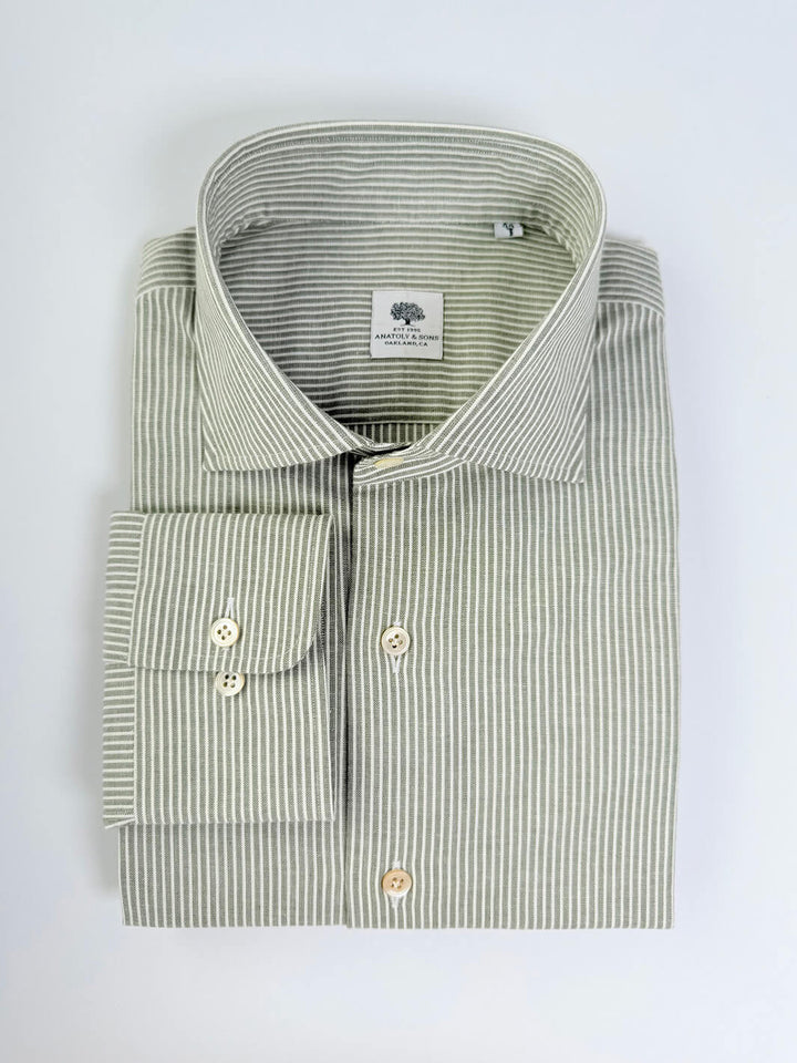 Bold Stripe Cotton Dress Shirt - Olive