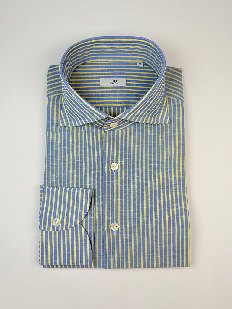 100 percent cotton dress shirts Yellow Blue Striped Linen-Cotton Shirt