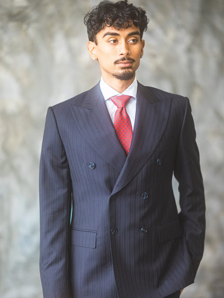 Mens navy pinstripe double breasted suit deals
