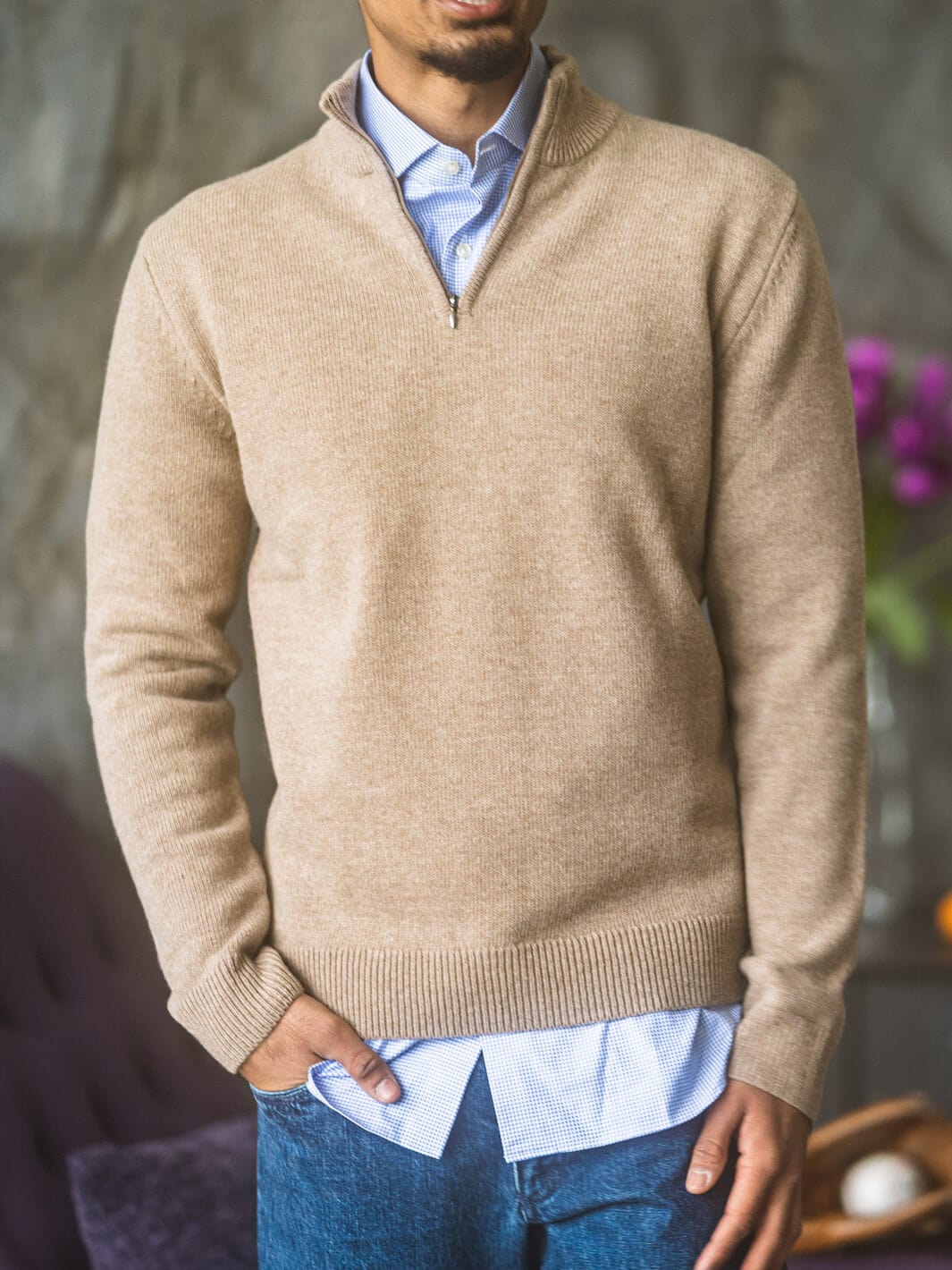 Anatoly Sons Beige Zip Neck Sweater 100 Lambswool S