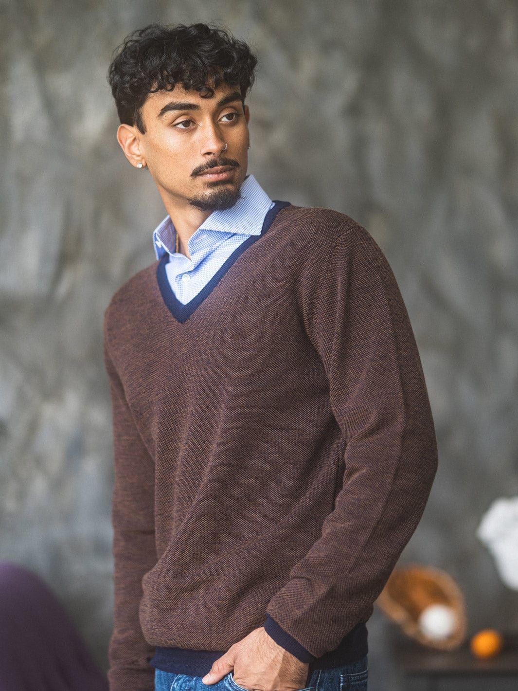 Tobacco and Navy Merino V-Neck Sweater S Tobacco and Navy Merino V-Neck Sweater S
